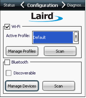 This figure shows the Configuration tab of the Laird Connection Manager with the appropriate settings. This figure shows the Configuration tab of the Laird Connection Manager with the appropriate settings.