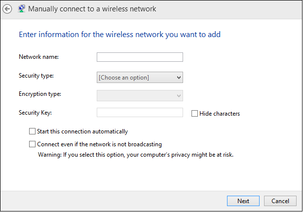 This figure shows the dialog box that appears when manually connecting to a wireless network.