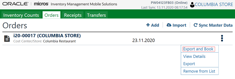 Screenshot of the Orders page in mobile solutions with the Export and Book option shown.