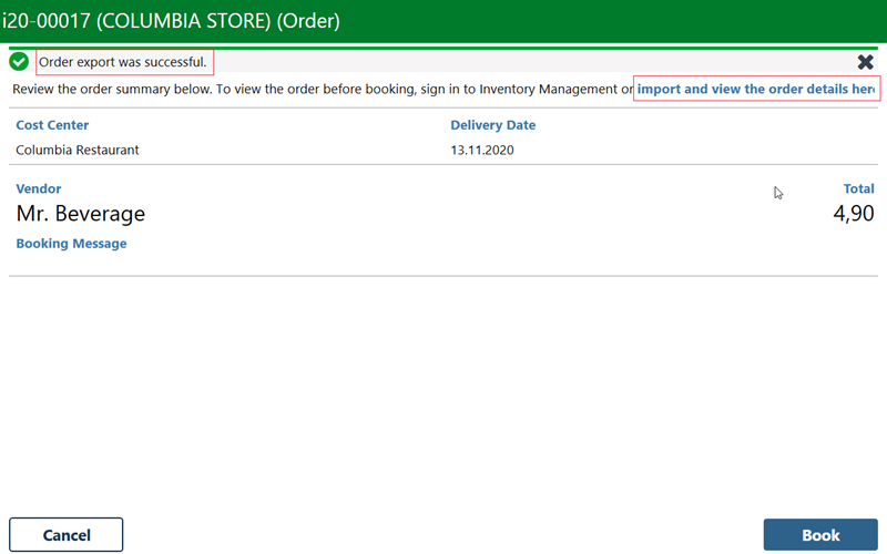 Screenshot of the mobile solutions page with the message: Order export was successful.