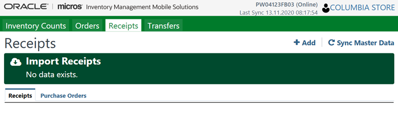 This image shows the receipts tab.