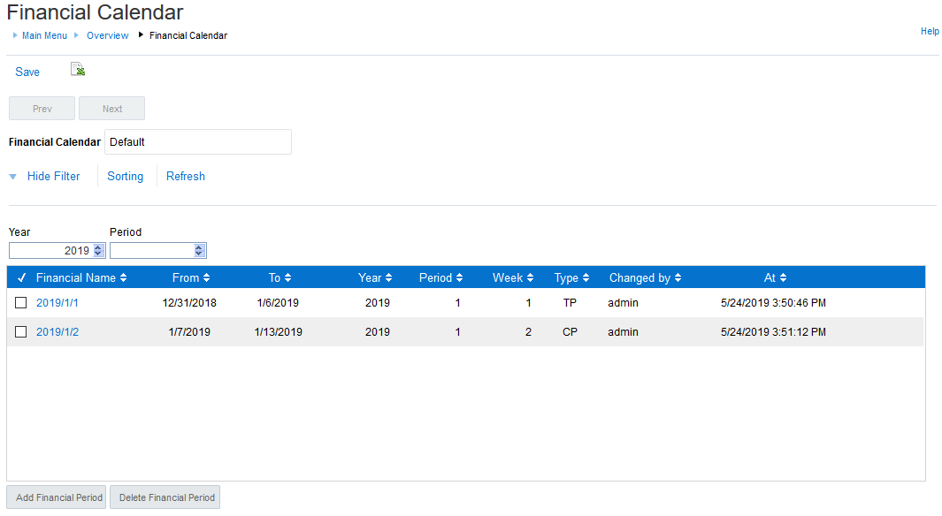 This image show the Financial Calendar screen with Save and export to Excel features at the top, previous and next buttons, a table with financial periods, an option to Add Financial Period, and an option to Delete Financial Period.