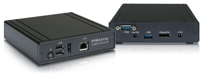 This figure shows the front and rear panels of the Oracle MICROS Kitchen Display Controller 210.