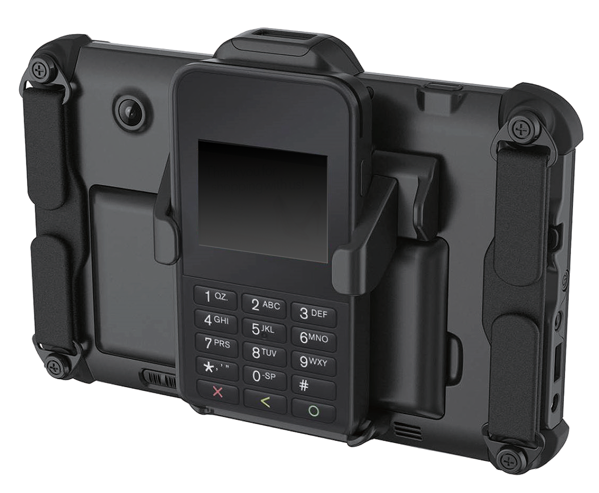 This figure shows the Payment Device Mount attached to the Oracle MICROS Tablet 721P.