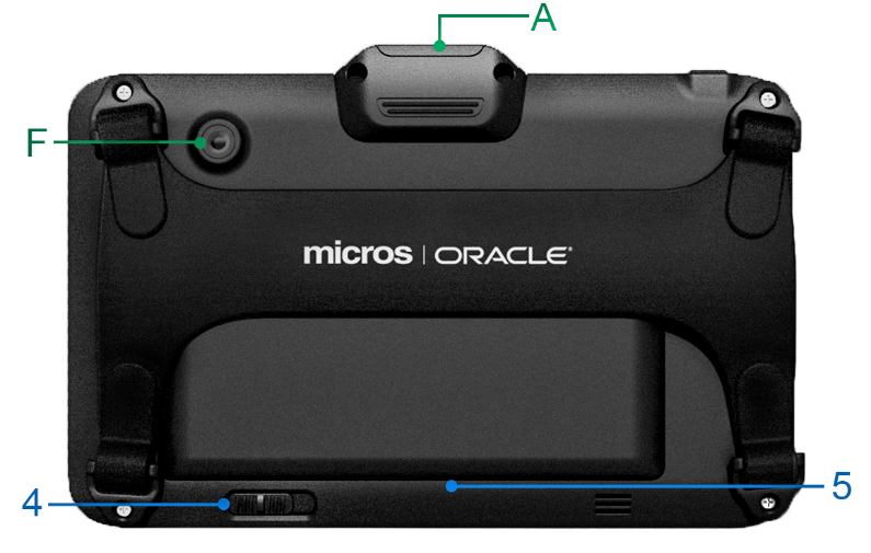 This figure shows the features of the Oracle MICROS Tablet 721 using the back view of the tablet. This figure shows the features of the Oracle MICROS Tablet 721 using the back view of the tablet.