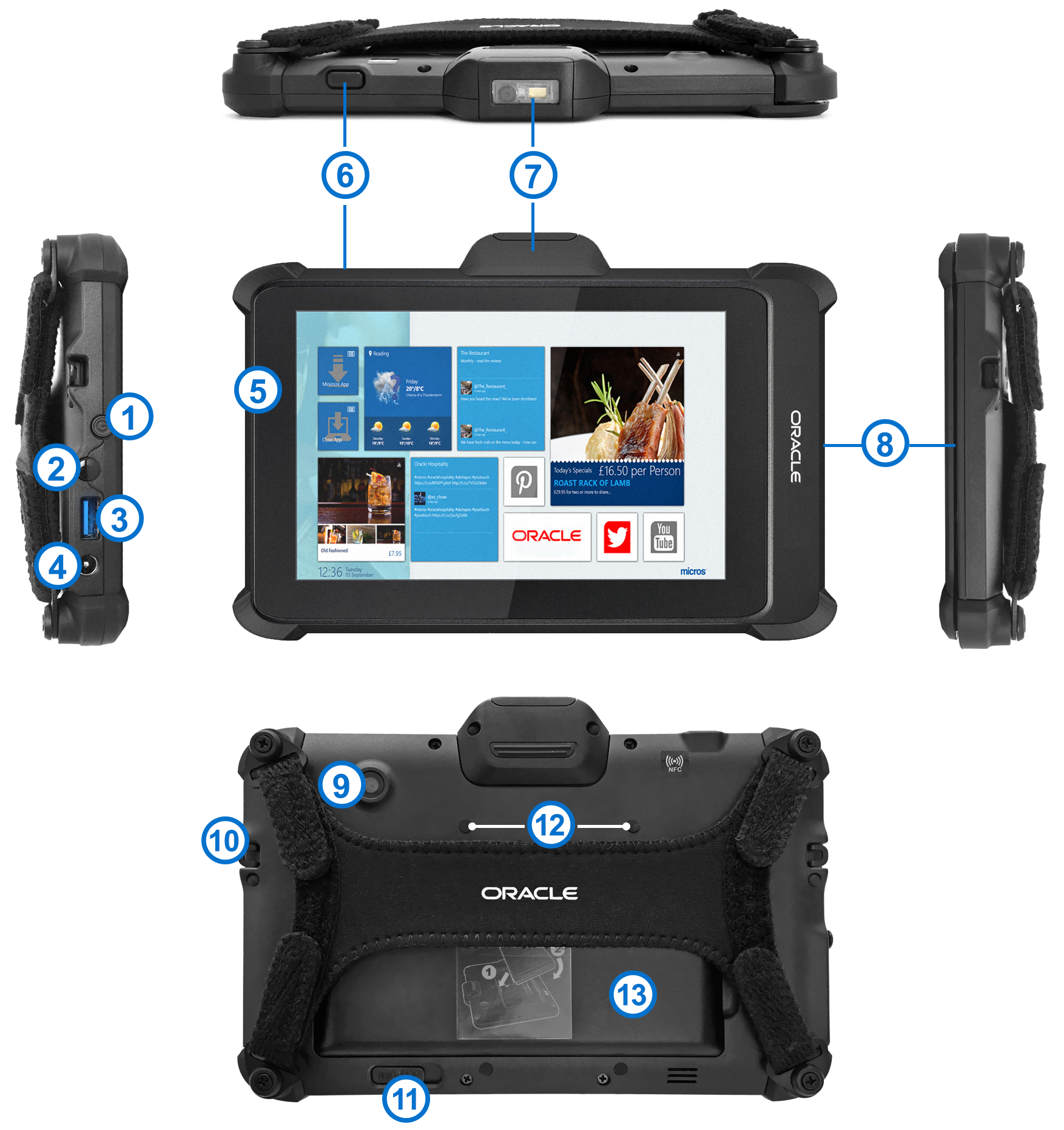 This figure shows the features of the Oracle MICROS Tablet 721P. This figure shows the features of the Oracle MICROS Tablet 721P.