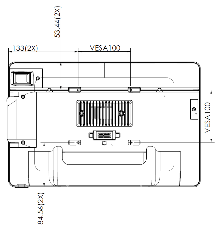 This figure shows a rear view of the Workstation 625/655 VESA dimensions.