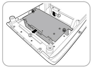 This figure shows how to insert the power USB module into the base unit of the workstation.