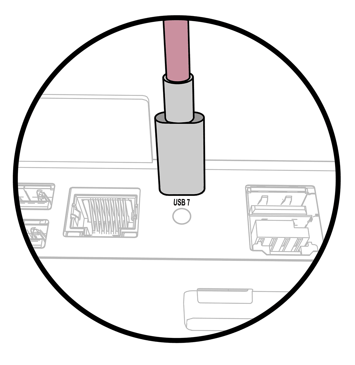 This image shows the High Mount 7-Inch Customer Display cable plugged into the USB 7 port on the Workstation 6x5 IO panel.