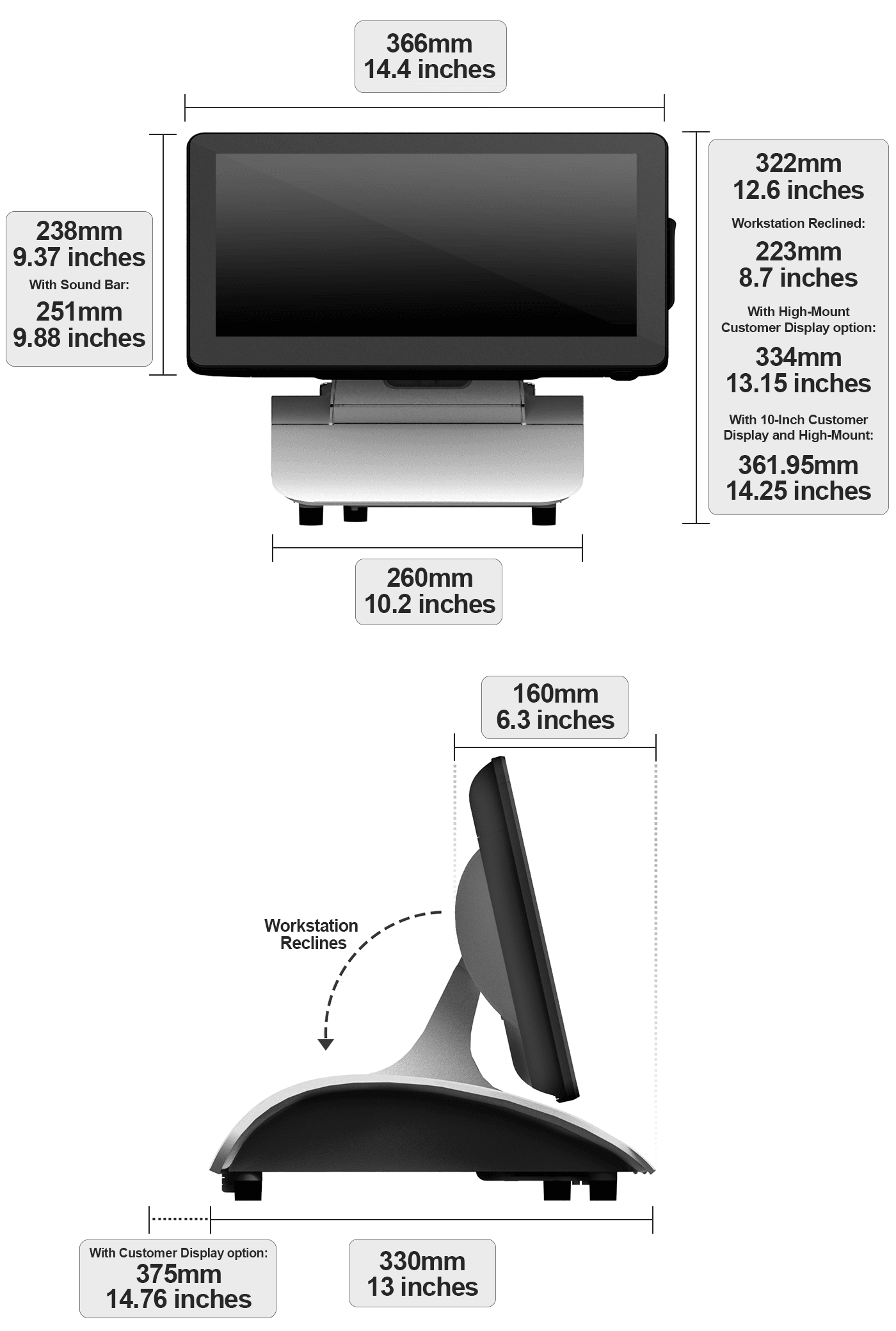 This figure shows the dimensions of the Workstation 625/655 mounted on the Adjustable Stand.