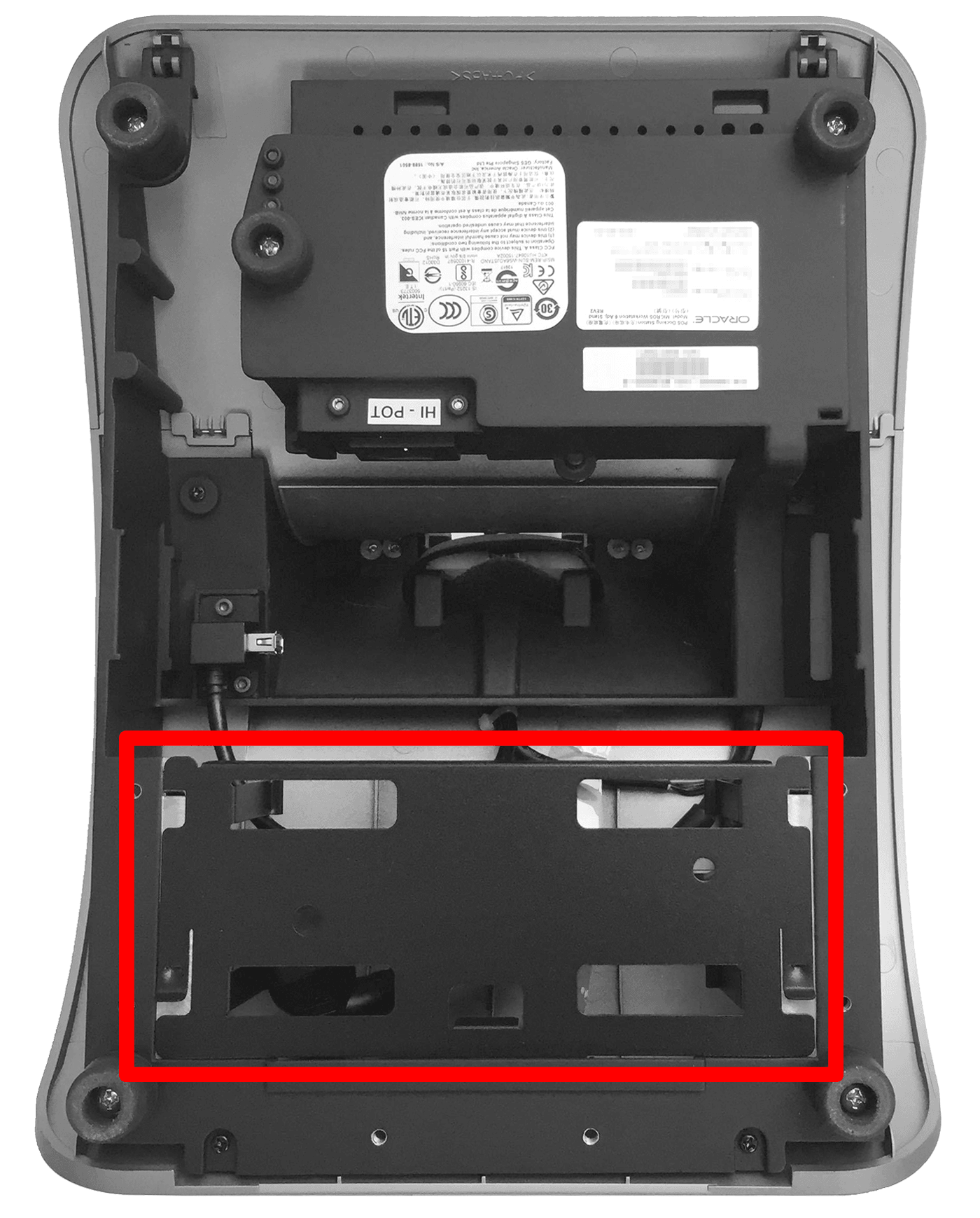 This figure shows the location of the power supply bracket on the Adjustable Stand.