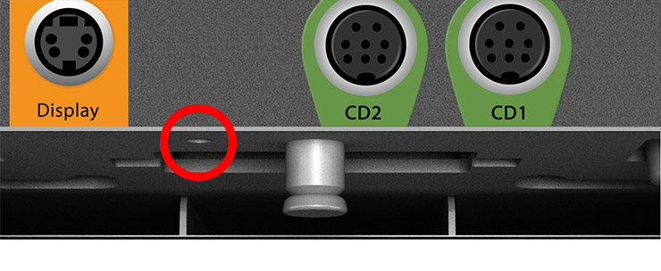 This figures shows the location of the security screw on the Workstation 625/655.