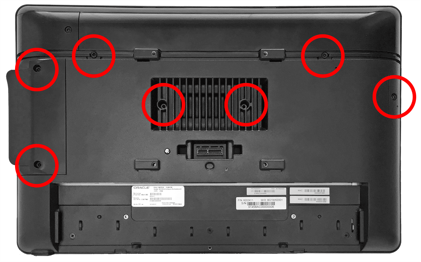 This figure shows the location of the screws on the back of the Workstation 625.