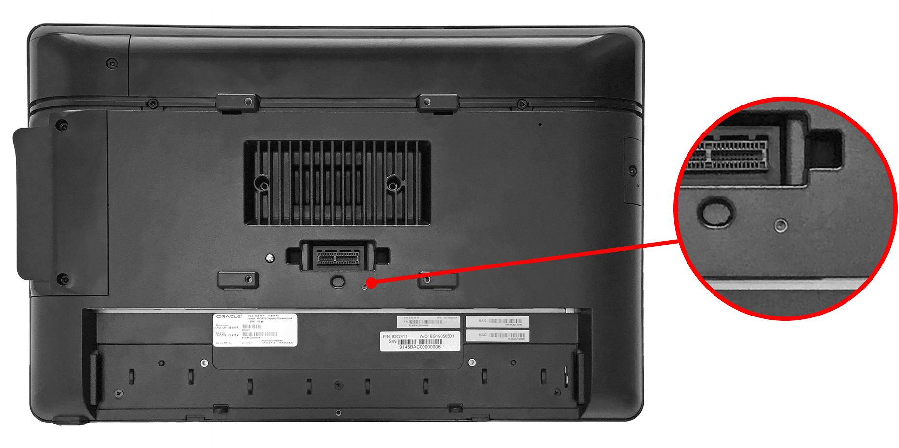 This figure shows location of the recovery button on the back of the Workstation 625/655.