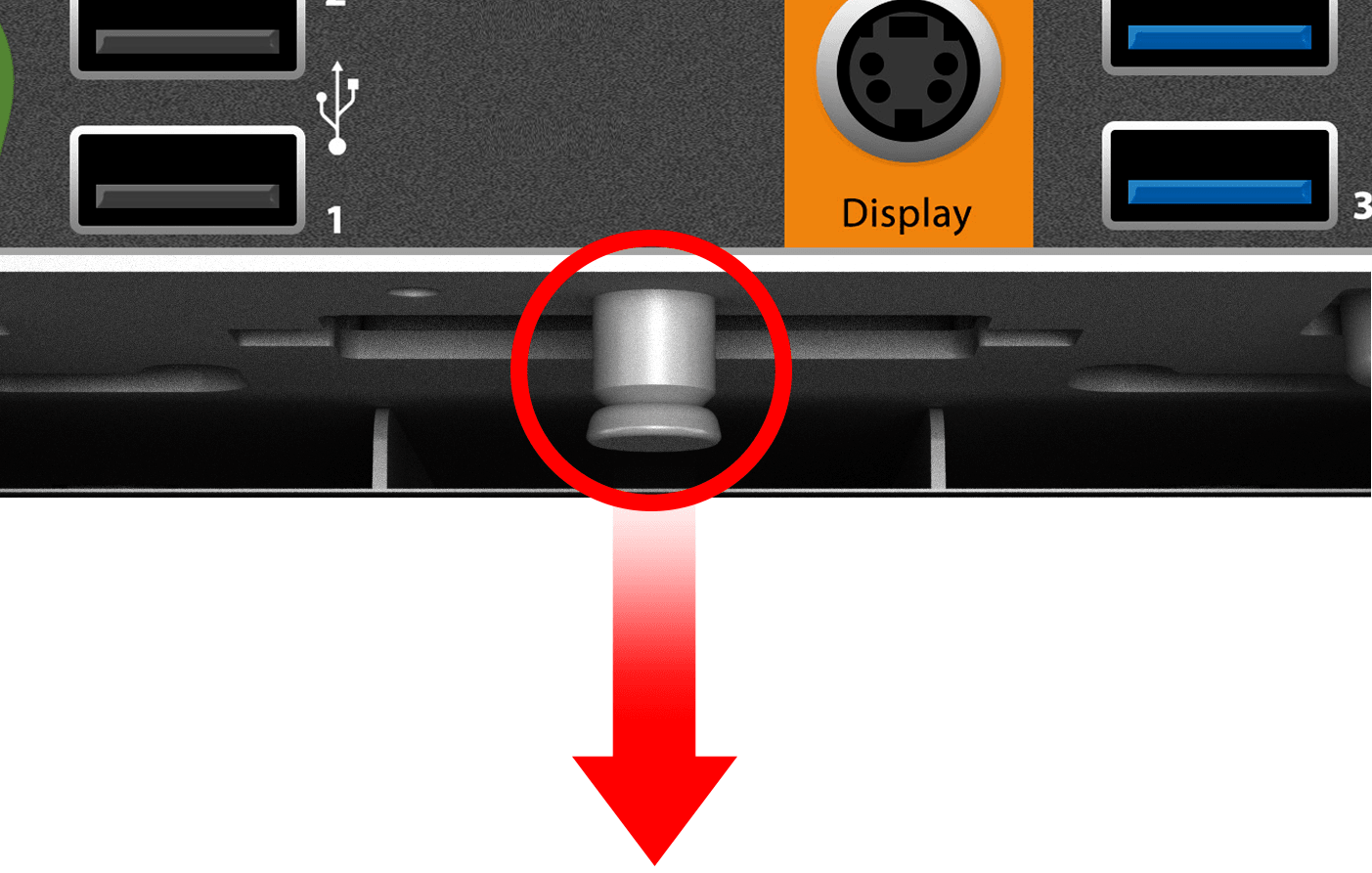 This figure shows the location of the quick release pin on the Workstation 6 Series Adjustable Stand.