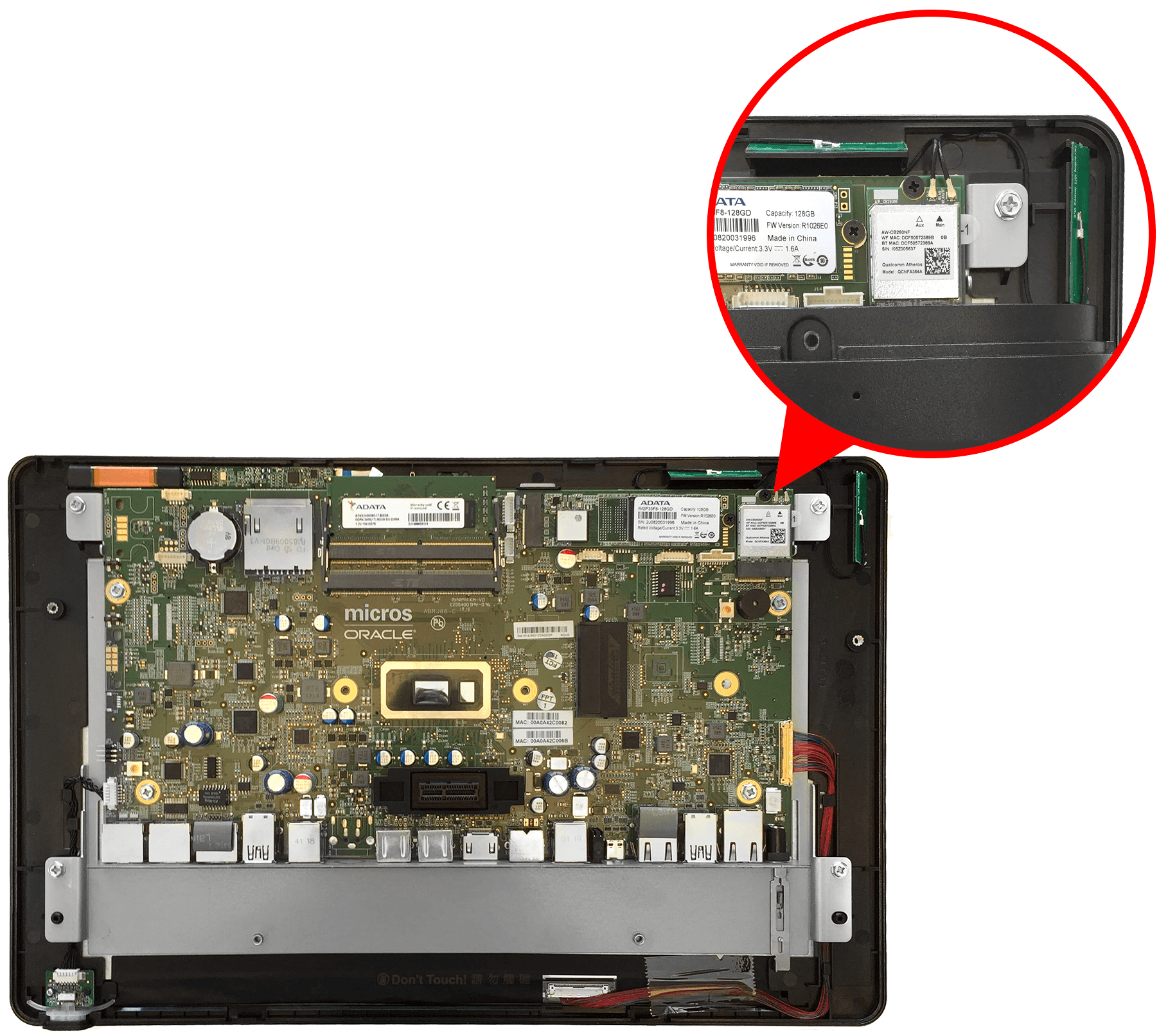 This figure shows the back of the workstation with the system board exposed and the location of the Wi-Fi card and antennas.