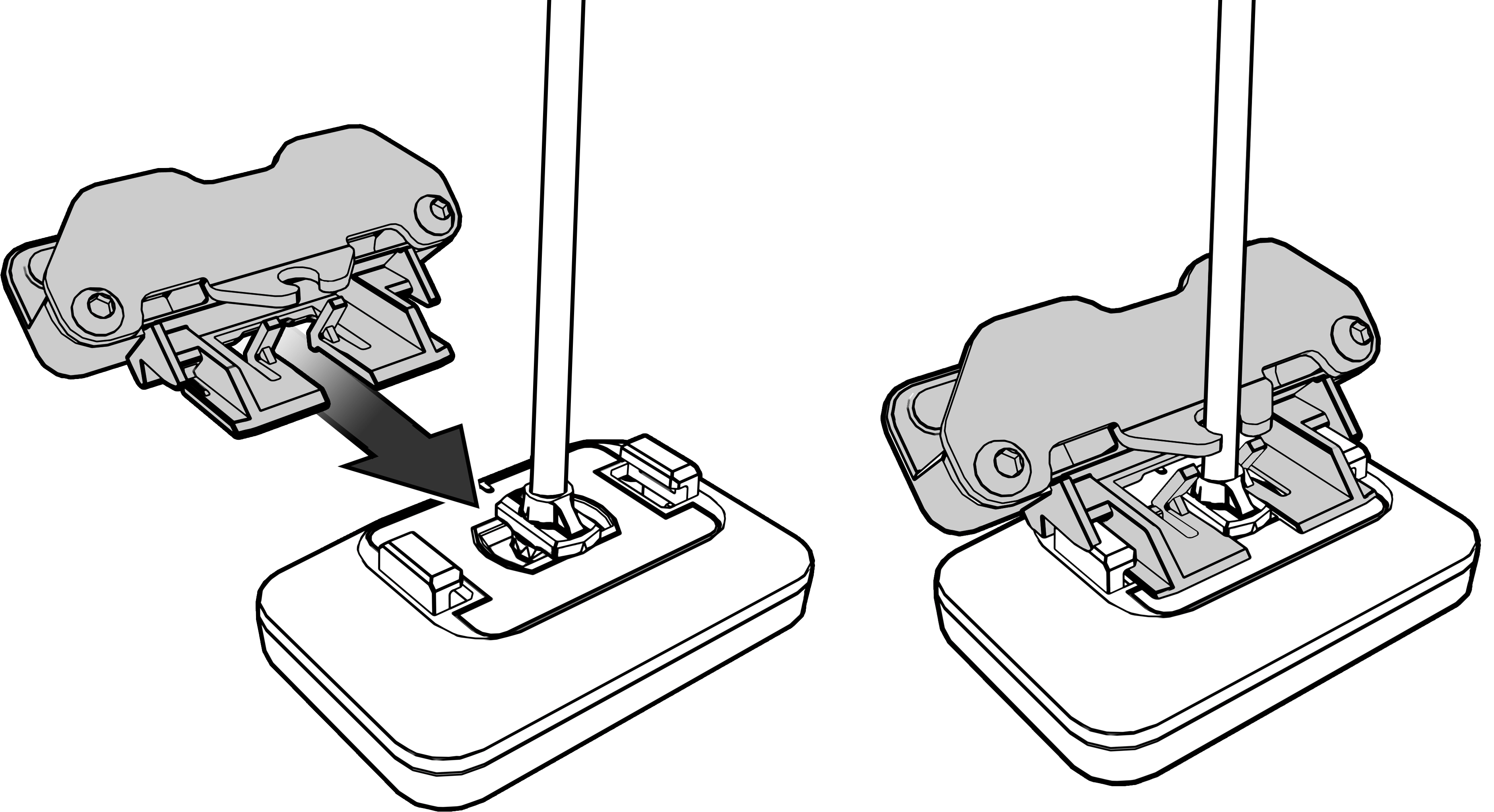 This figure shows the workstation mount being installed on the back of the fingerprint reader.