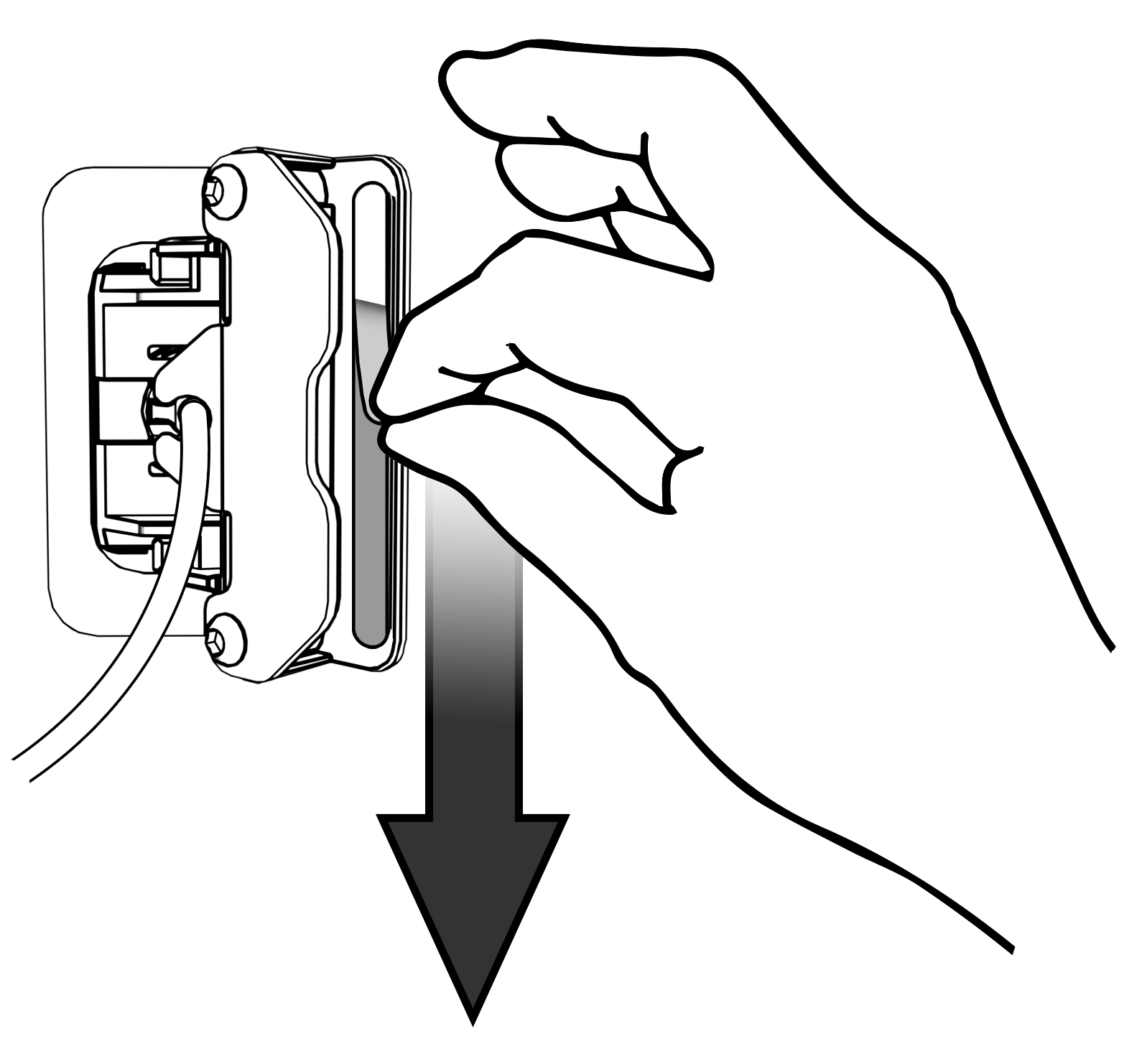 This figure shows a hand peeling away the adhesive strip backing on the workstation mount.