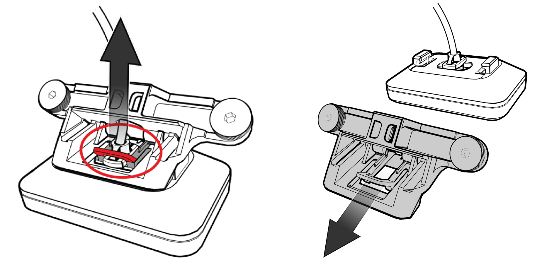 This figure shows the stand mount being removed from the back of the fingerprint reader.