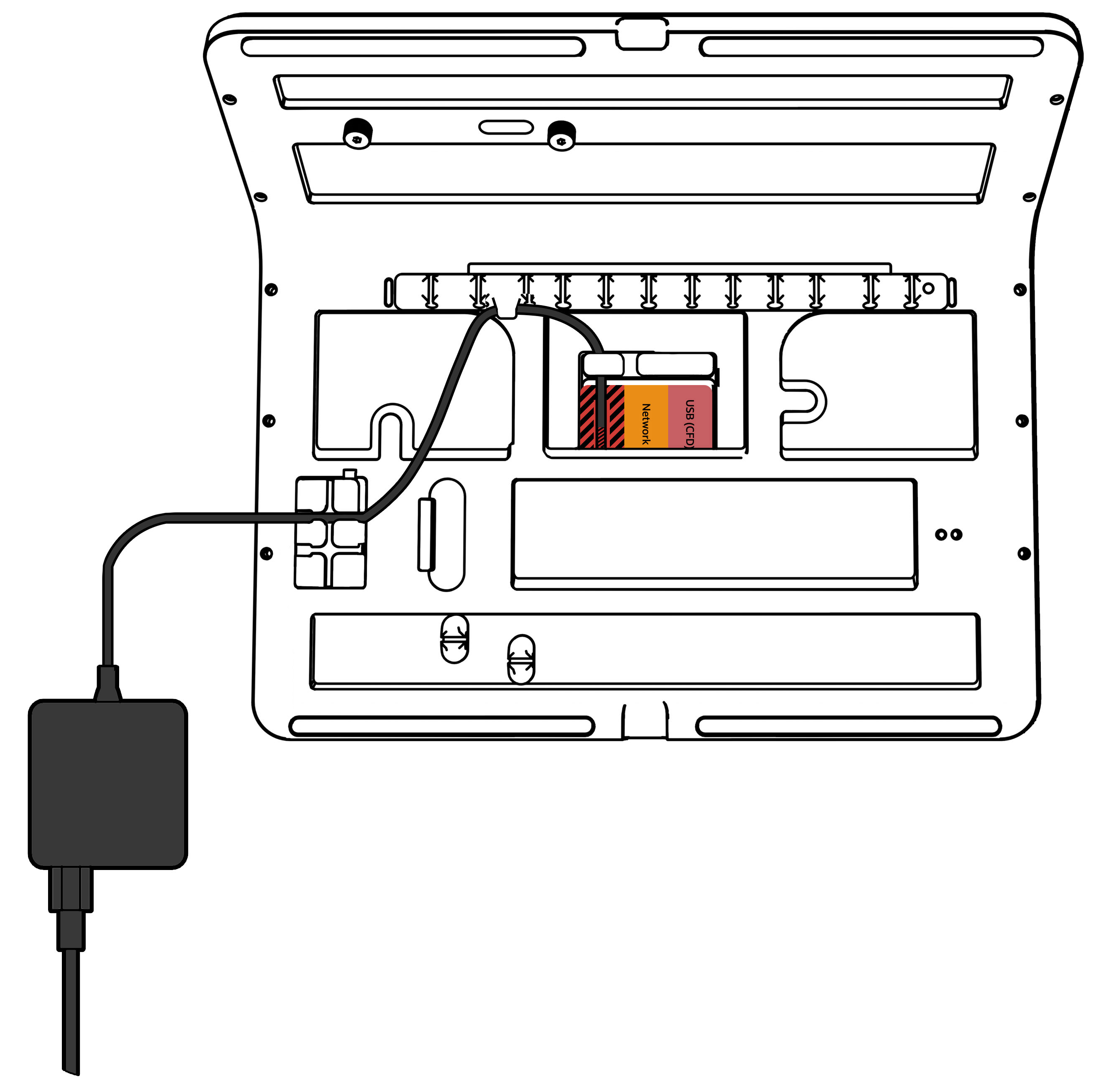 This figure shows the underside of the Low Profile Stand with the Workstation 8 Series power supply connected to the Workstation 820 Power in port.