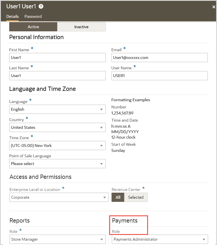 This image shows the Details page and the Payments Administrator option.