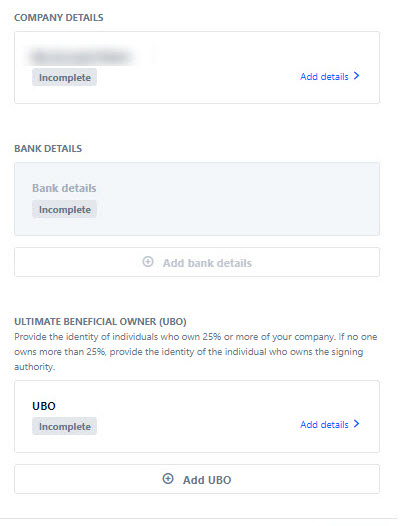 The image shows links to add company details, bank details, and the ultimate beneficial owner details.
