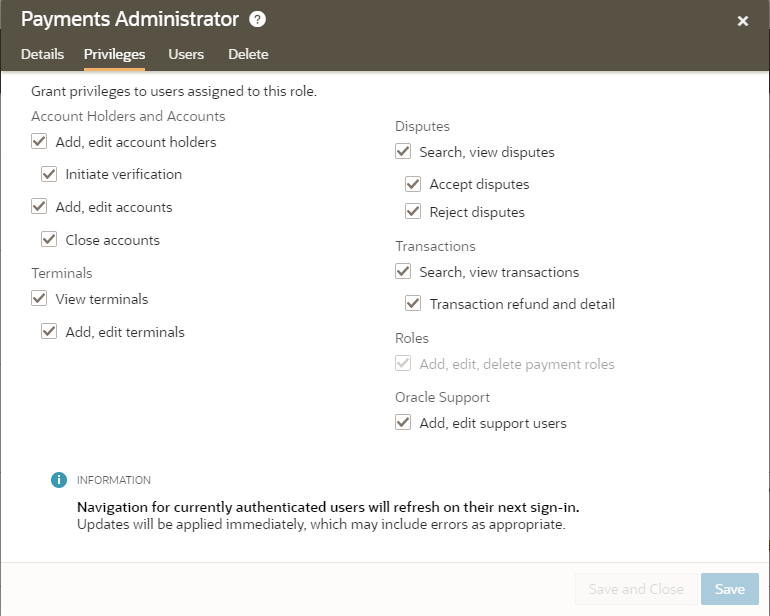 The image shows the Reporting and Analytics screen for granting privileges to a Payment Cloud Service role.