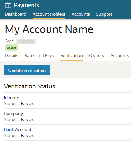 The image shows the Verification tab with the “Update verification” button.
