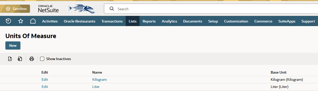 This figure shows the NetSuite Units of Measure page. This figure shows the NetSuite Units of Measure page.