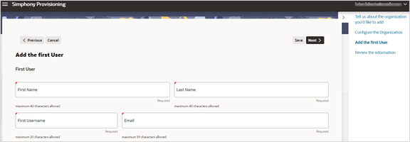 The image shows the third screen for adding the first user to the organization.