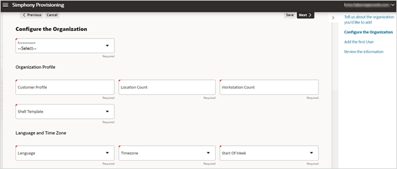 The image shows the second screen for configuring the organization.