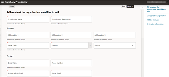 The image shows the first screen for adding organization details.