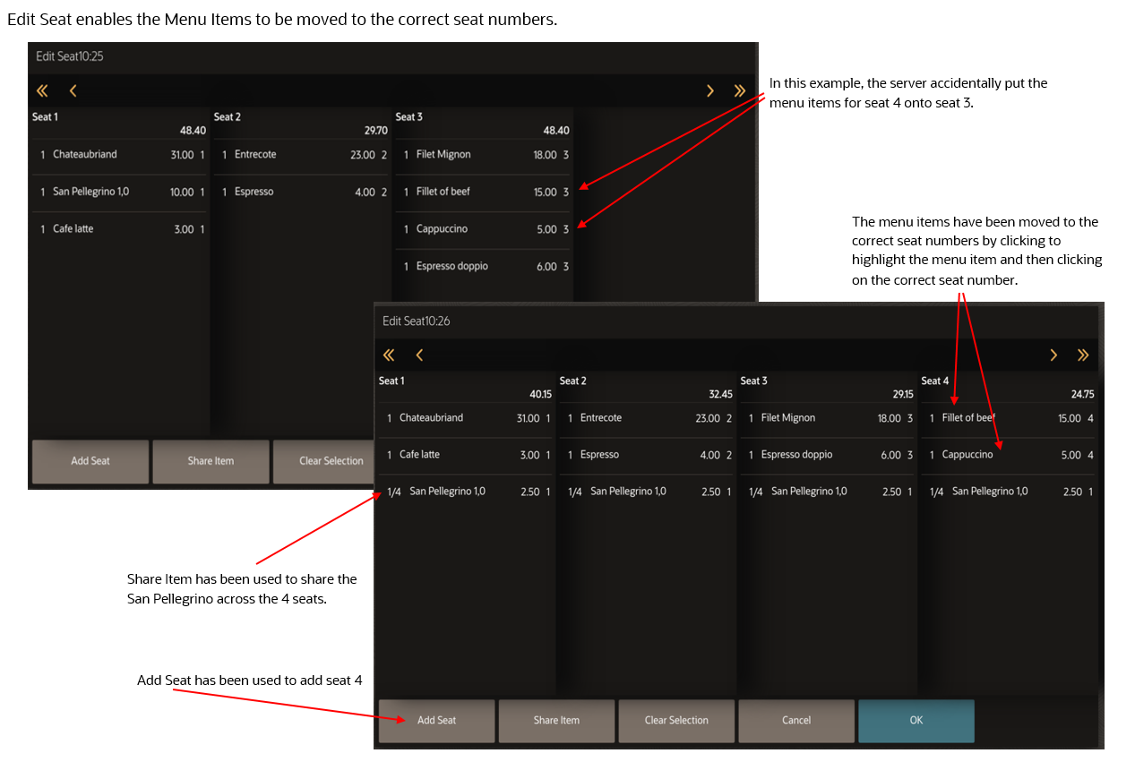 This figure shows the Edit Seat function and examples of how to move items from one seat to another, how to add a seat, and share an item on the POS client for the workstation or tablet UI.