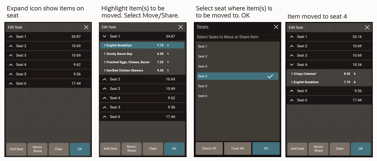 This figure shows the Edit Seat function and examples of how to move items from one seat to another, how to add a seat, and share an item on the POS client for the mobile phone and handheld device UI.