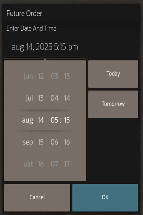 This figure shows the Future Order dialog that appears on the POS client for the workstation or tablet UI.
