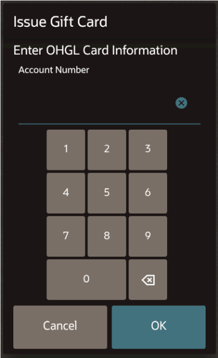 This figure shows the Issue Gift Card page where you enter the card account number on the POS for all UIs.