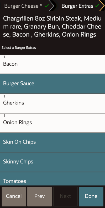 This figure shows the Condiment Orderer with the Done button active on the POS client for the mobile phone and handheld device UI.