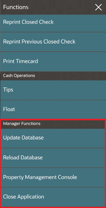 This figure shows the Manager Functions that appear on the POS client for the mobile phone and handheld device UI.