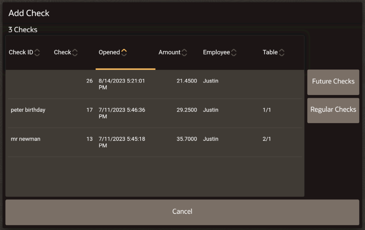 This figure shows the Add Check page that appears on the POS client for the workstation or tablet UI.