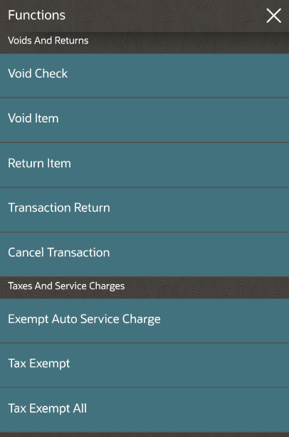 This figure shows the QSR Functions page that appears on the POS client for the mobile phone and handheld device UI.