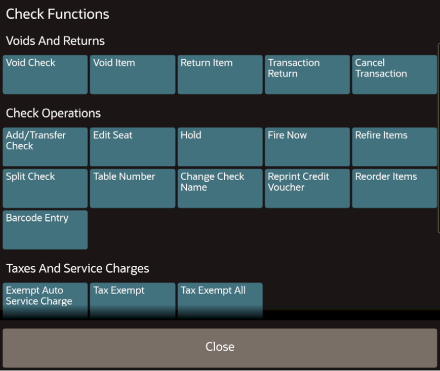 This figure shows the TSR Check Functions page that appears on the POS client for the workstation or tablet UI.