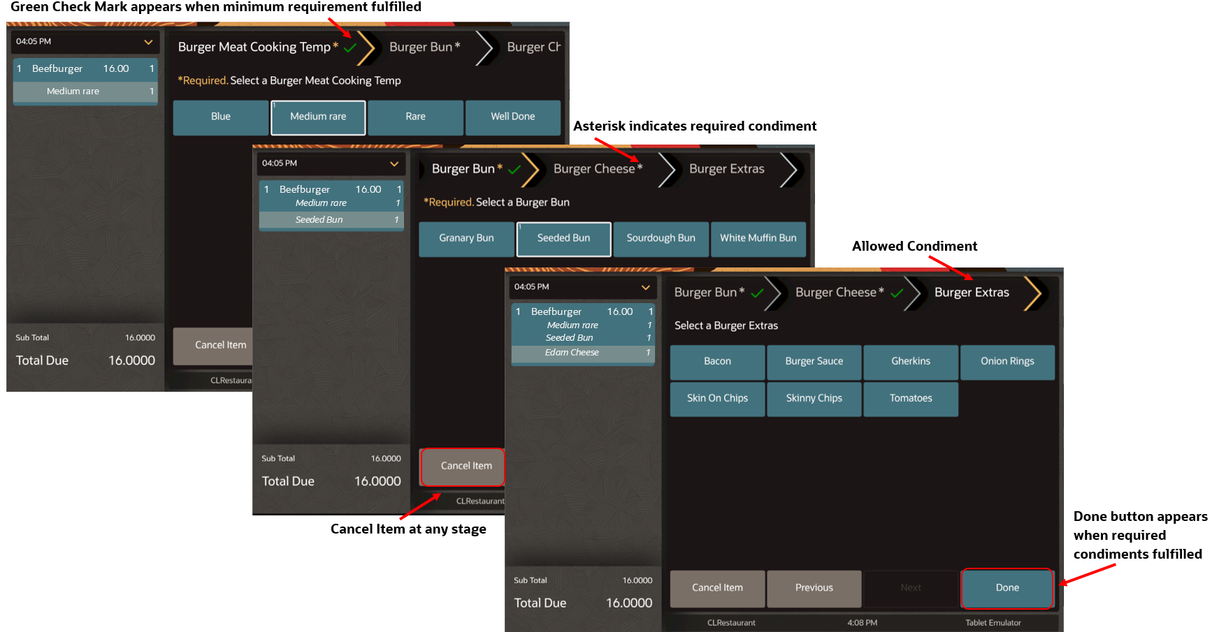 This figure shows the Condiment Orderer workflow on the POS client for the workstation or tablet UI.