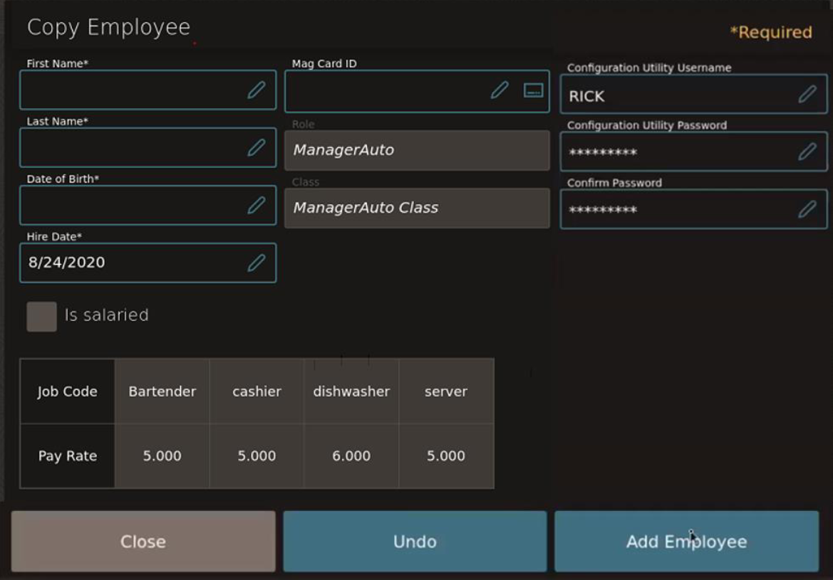 This figure shows the Copy Employee dialog, where you can add employee details on the POS client for the workstation or tablet UI.