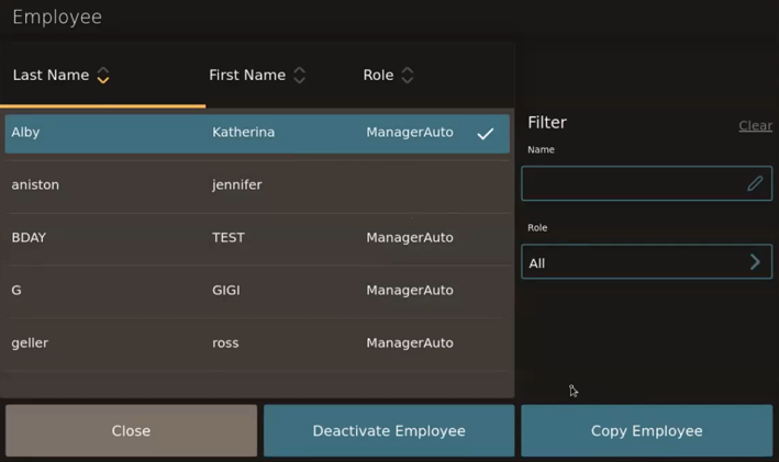 This figure shows the Employee dialog, where you can click Copy Employee on the POS client for the workstation or tablet UI.