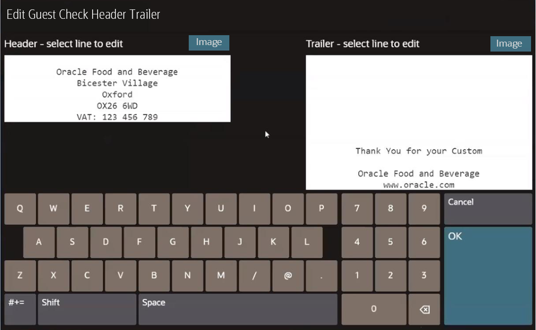 This figure shows the Edit Guest Check Header Trailer page on the POS client for the workstation or tablet UI.