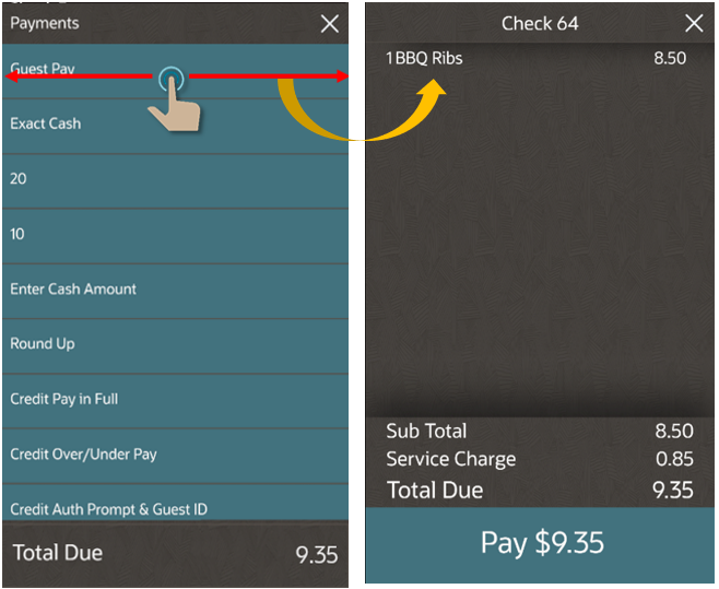 This figure shows the swipe gesture on the Guest Pay button, located on the Payments page, using the POS client for the mobile phone and handheld device UI.
