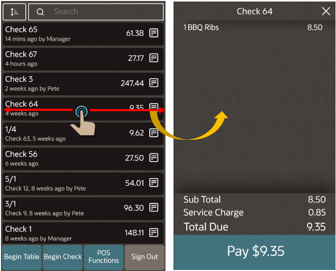 This figure shows the guest pay swipe gesture on an open check from the TSR home page using the POS client for the mobile phone and handheld device UI.