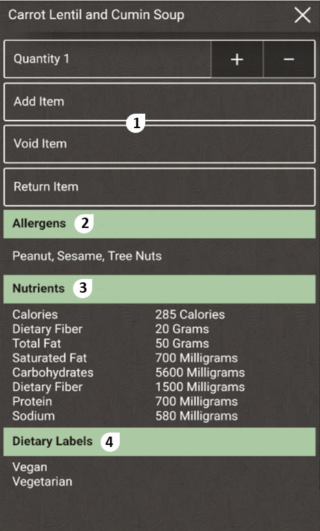 This figure shows the menu item attributes page on the POS mobile UI for QSR.