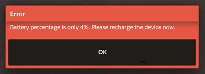 This figure shows the critical battery warning message when the battery percentage is equal to or less than 5%. The operator can click OK. This figure shows the critical battery warning message when the battery percentage is equal to or less than 5%. The operator can click OK.