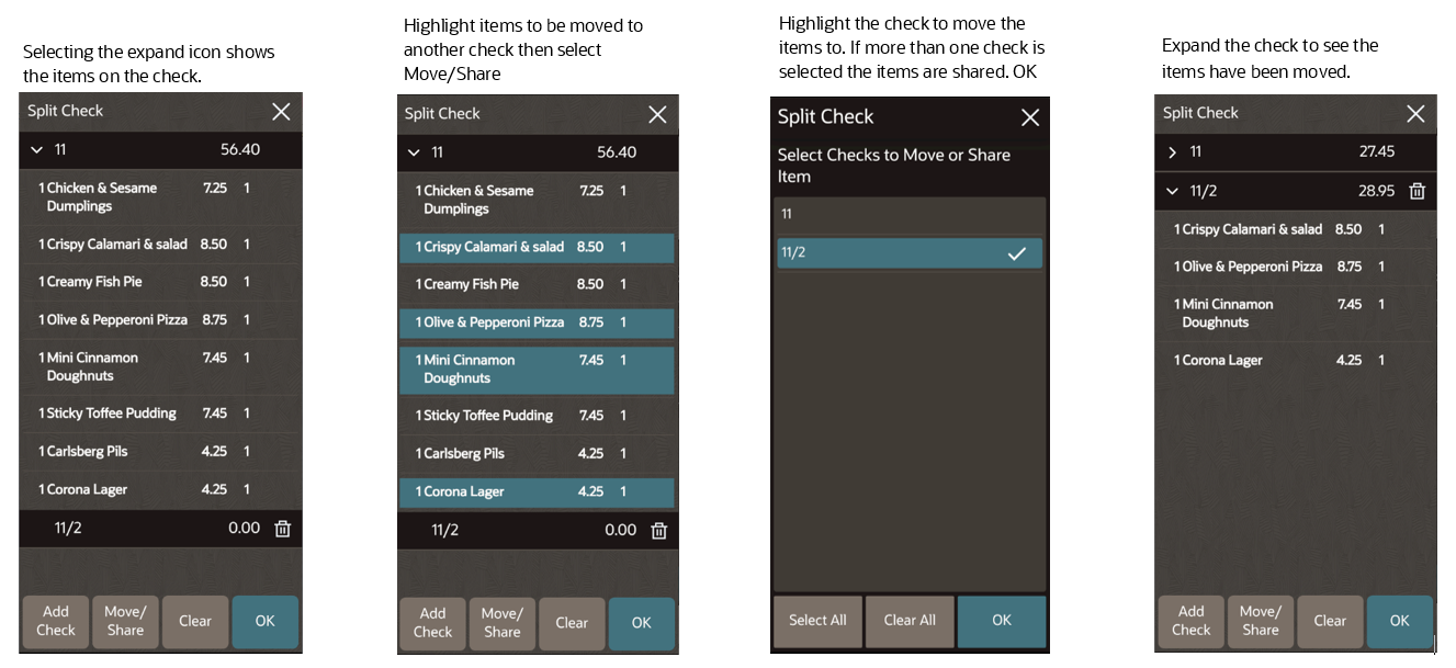 This figure shows the Split Check function and examples of how to move items from one check to another, how to add a check, and share an item on the POS client for the mobile phone and handheld device UI.